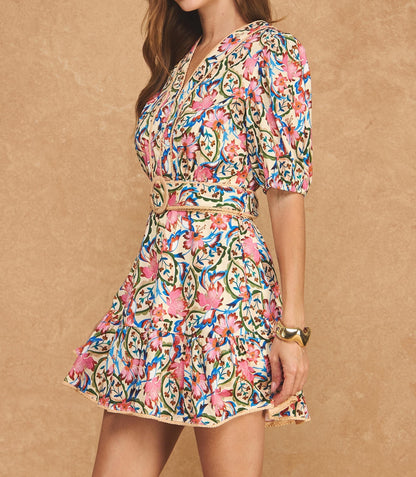 IVORY MULTI FLORAL VNECK PUFF SLEEVE BELTED MINI DRESS