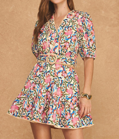 IVORY MULTI FLORAL VNECK PUFF SLEEVE BELTED MINI DRESS