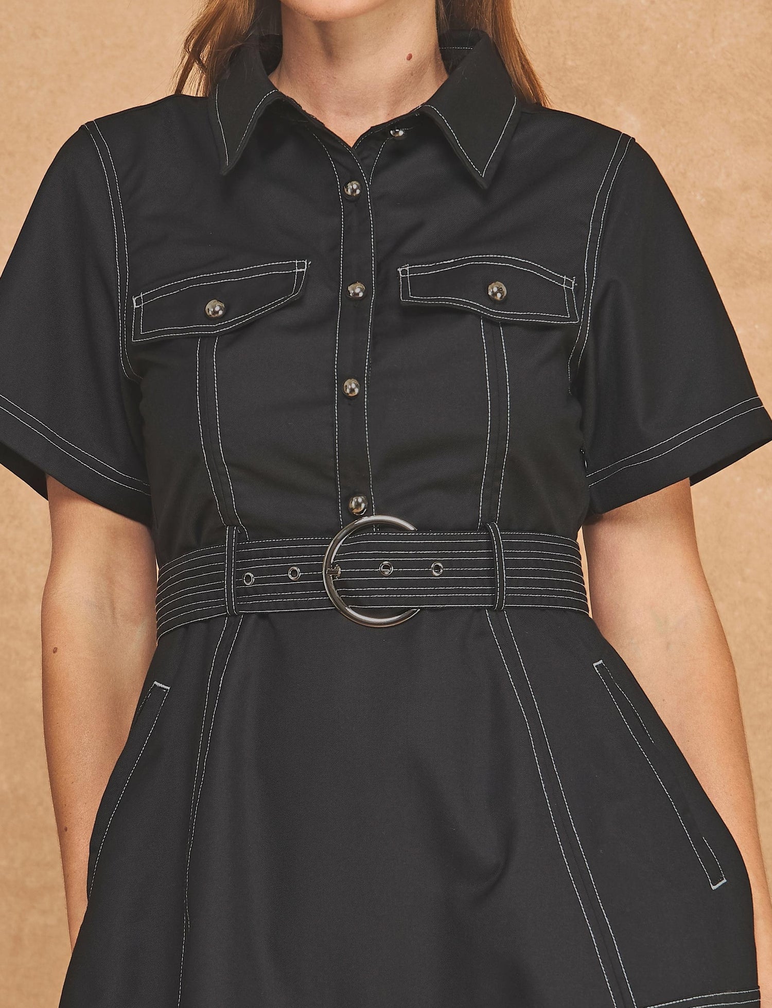 BLACK CONTRAST STITCH SHORT SLEEVE BELTED UTILITY SHIRT MINI DRESS