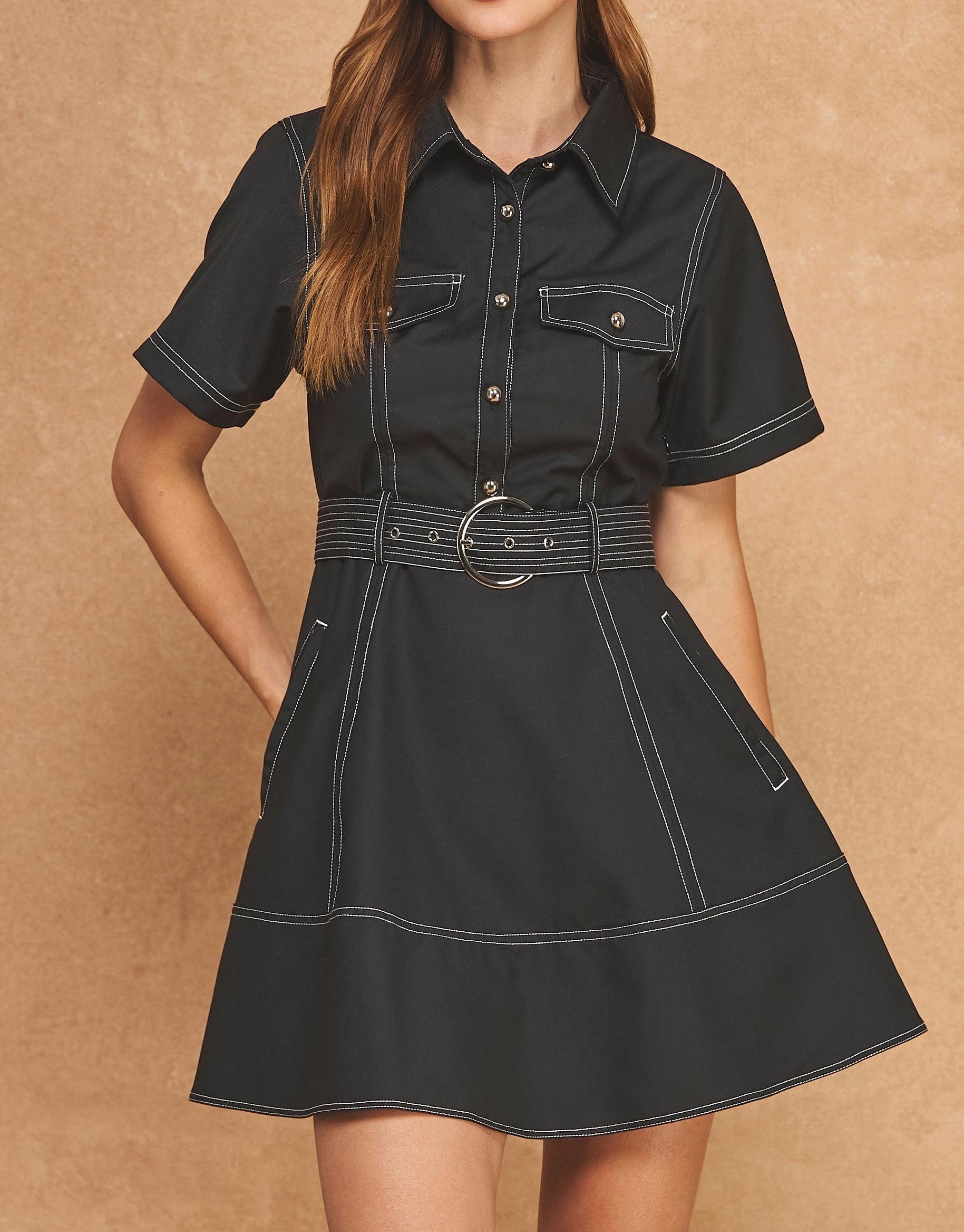 BLACK CONTRAST STITCH SHORT SLEEVE BELTED UTILITY SHIRT MINI DRESS