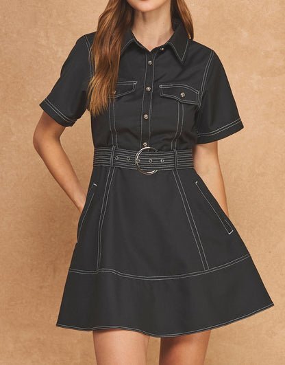 BLACK CONTRAST STITCH SHORT SLEEVE BELTED UTILITY SHIRT MINI DRESS