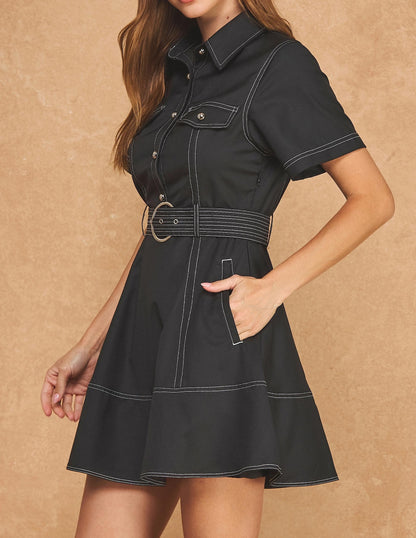BLACK CONTRAST STITCH SHORT SLEEVE BELTED UTILITY SHIRT MINI DRESS
