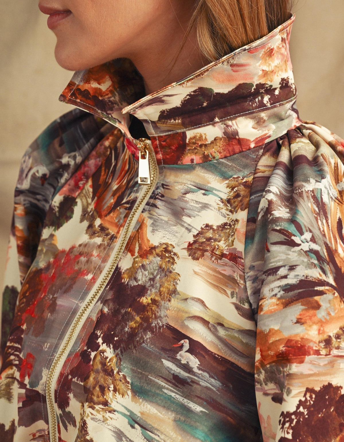 MULTI COTTAGE GARDEN LANDSCAPE LONG BALLOON SLEEVE BOMBER JACKET