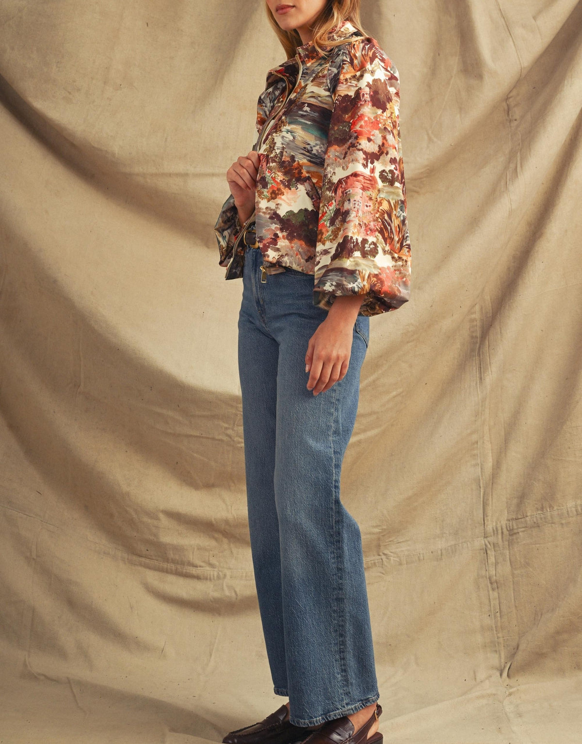 MULTI COTTAGE GARDEN LANDSCAPE LONG BALLOON SLEEVE BOMBER JACKET