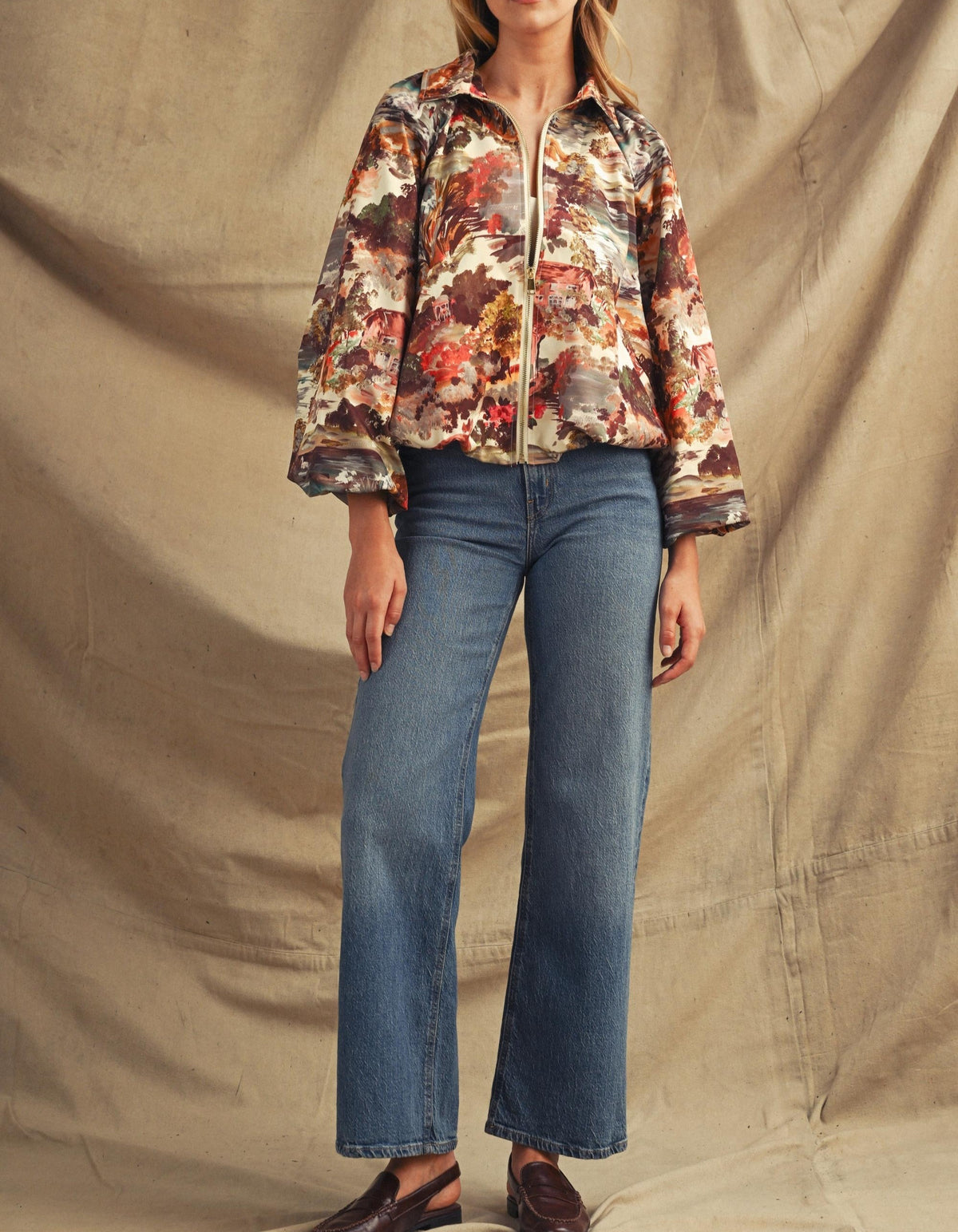 MULTI COTTAGE GARDEN LANDSCAPE LONG BALLOON SLEEVE BOMBER JACKET