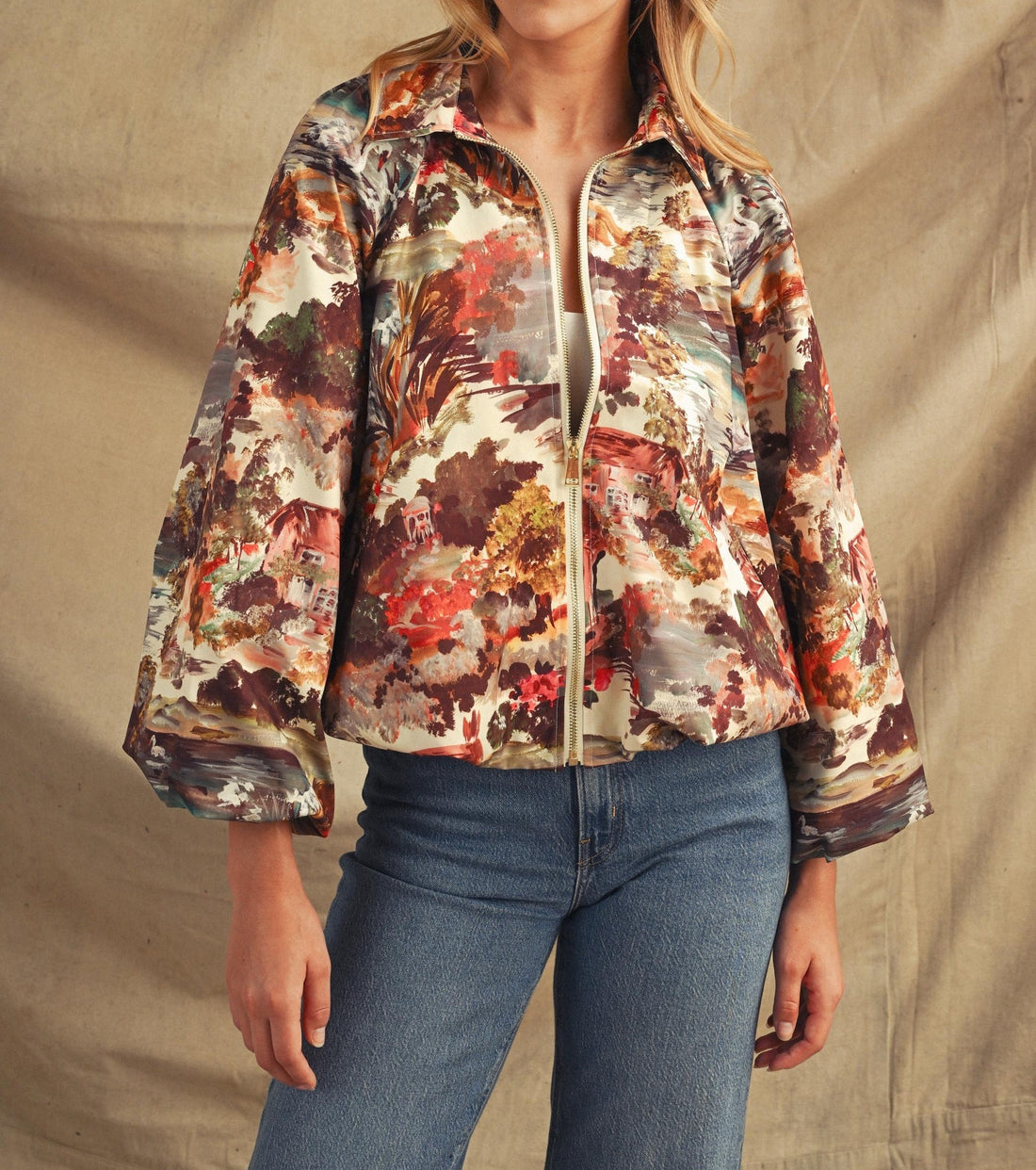 MULTI COTTAGE GARDEN LANDSCAPE LONG BALLOON SLEEVE BOMBER JACKET
