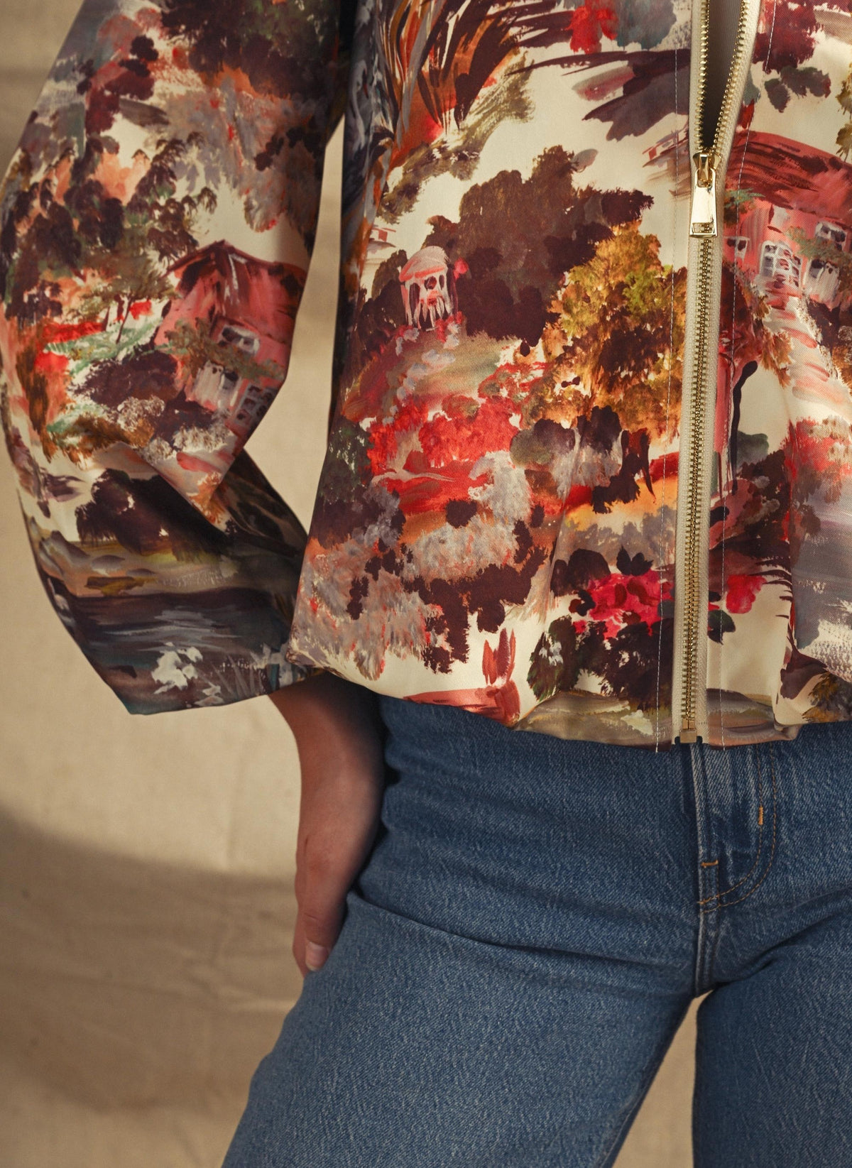 MULTI COTTAGE GARDEN LANDSCAPE LONG BALLOON SLEEVE BOMBER JACKET