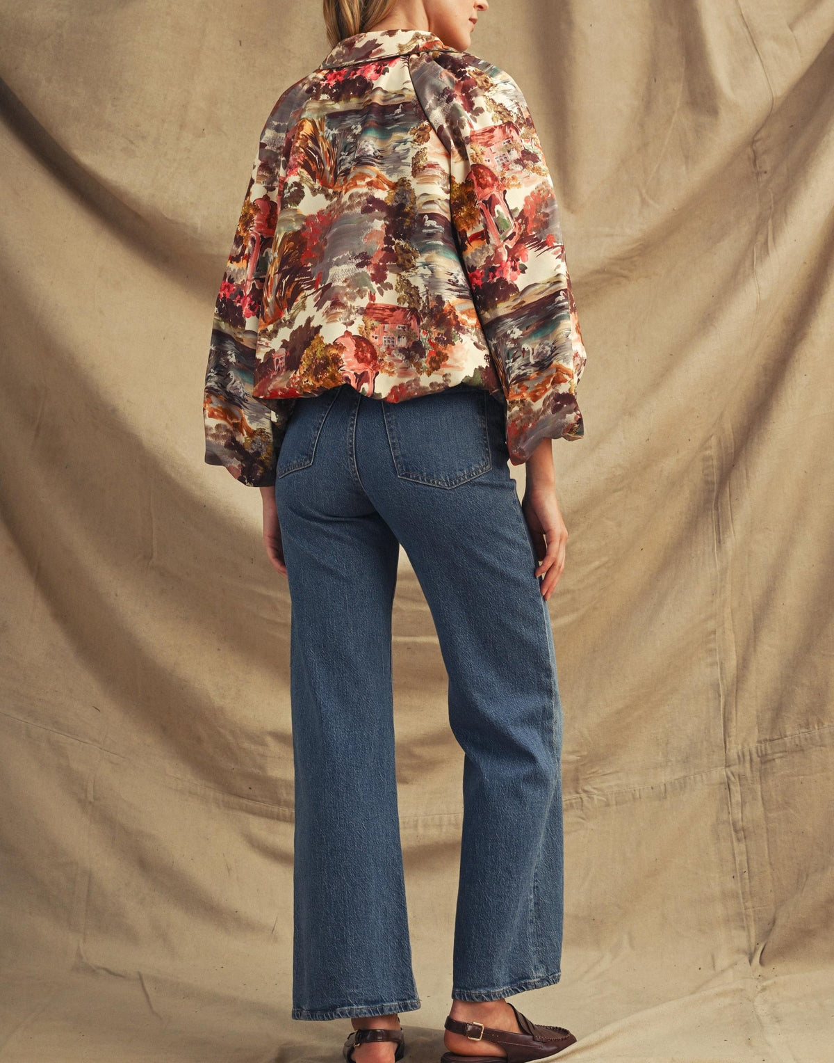 MULTI COTTAGE GARDEN LANDSCAPE LONG BALLOON SLEEVE BOMBER JACKET