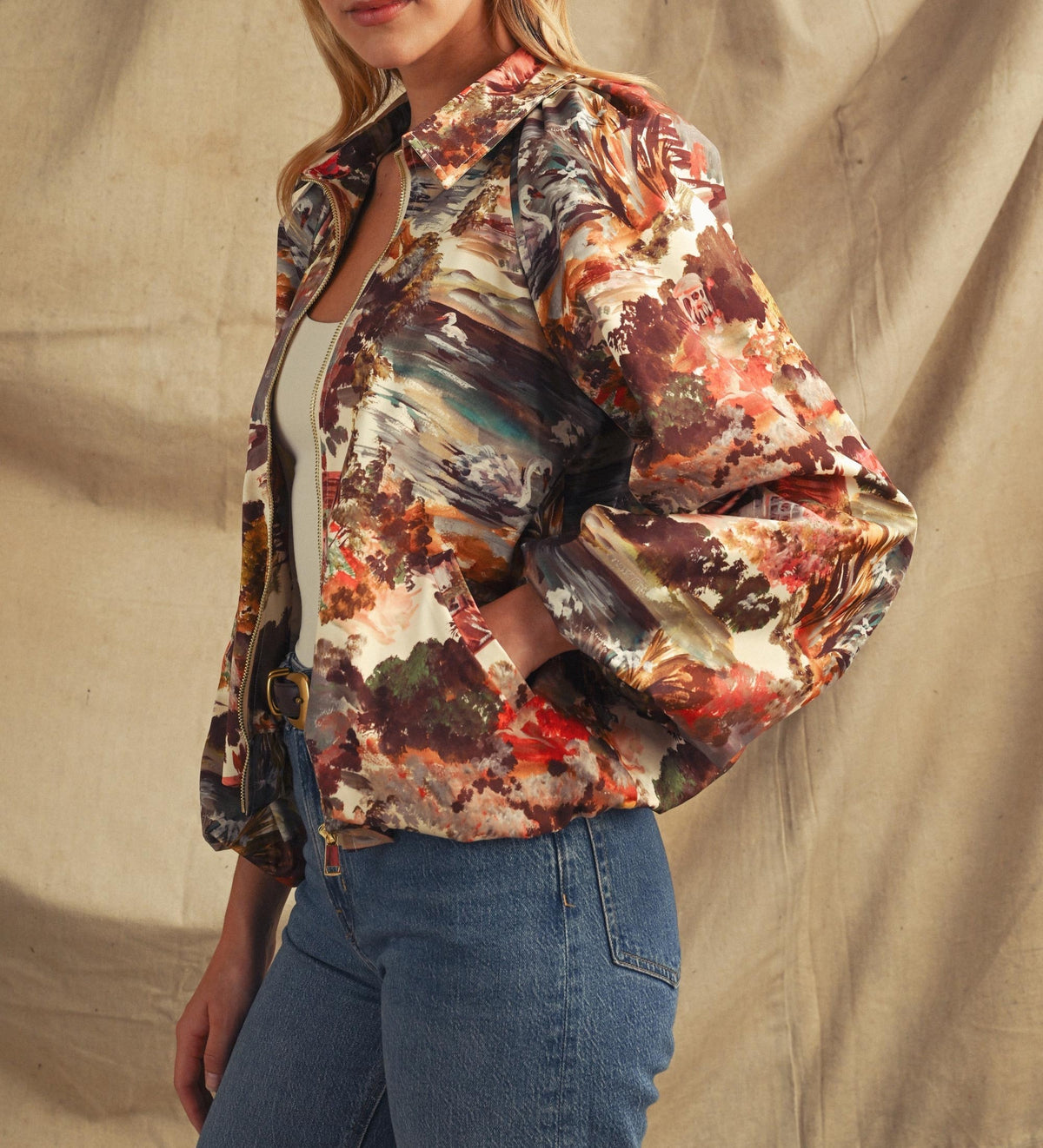 MULTI COTTAGE GARDEN LANDSCAPE LONG BALLOON SLEEVE BOMBER JACKET