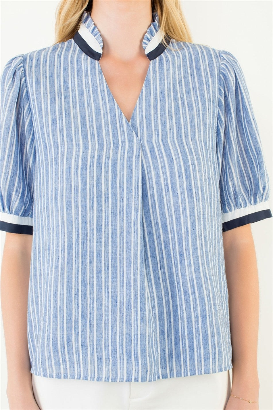 BLUE CONTRAST BANDING STRIPED VNECK SHORT SLEEVE TOP