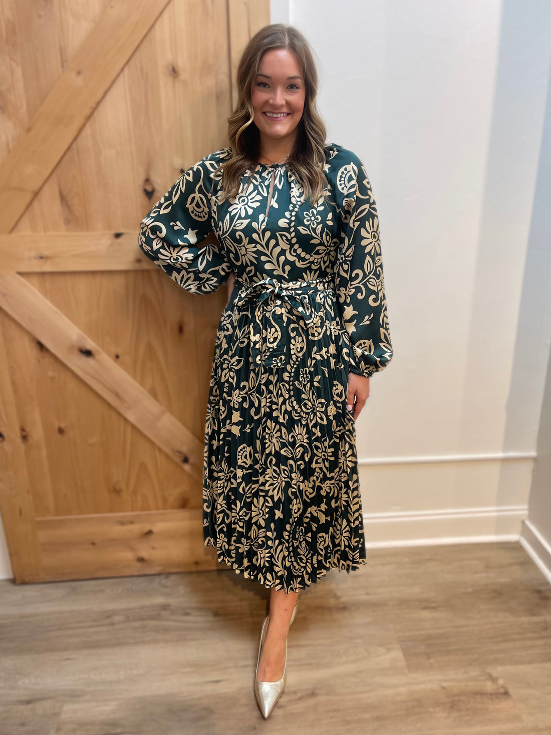 TEAL ABSTRACT FLORAL PRINT PLEATED MIDI DRESS