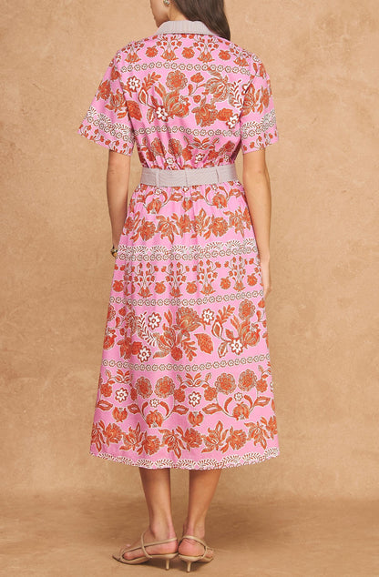 PINK/ORANGE BOTANICAL PRINT W/ STRIPE CONTRAST SHORT SLEEVE BUTTON UP SHIRT MIDI DRESS