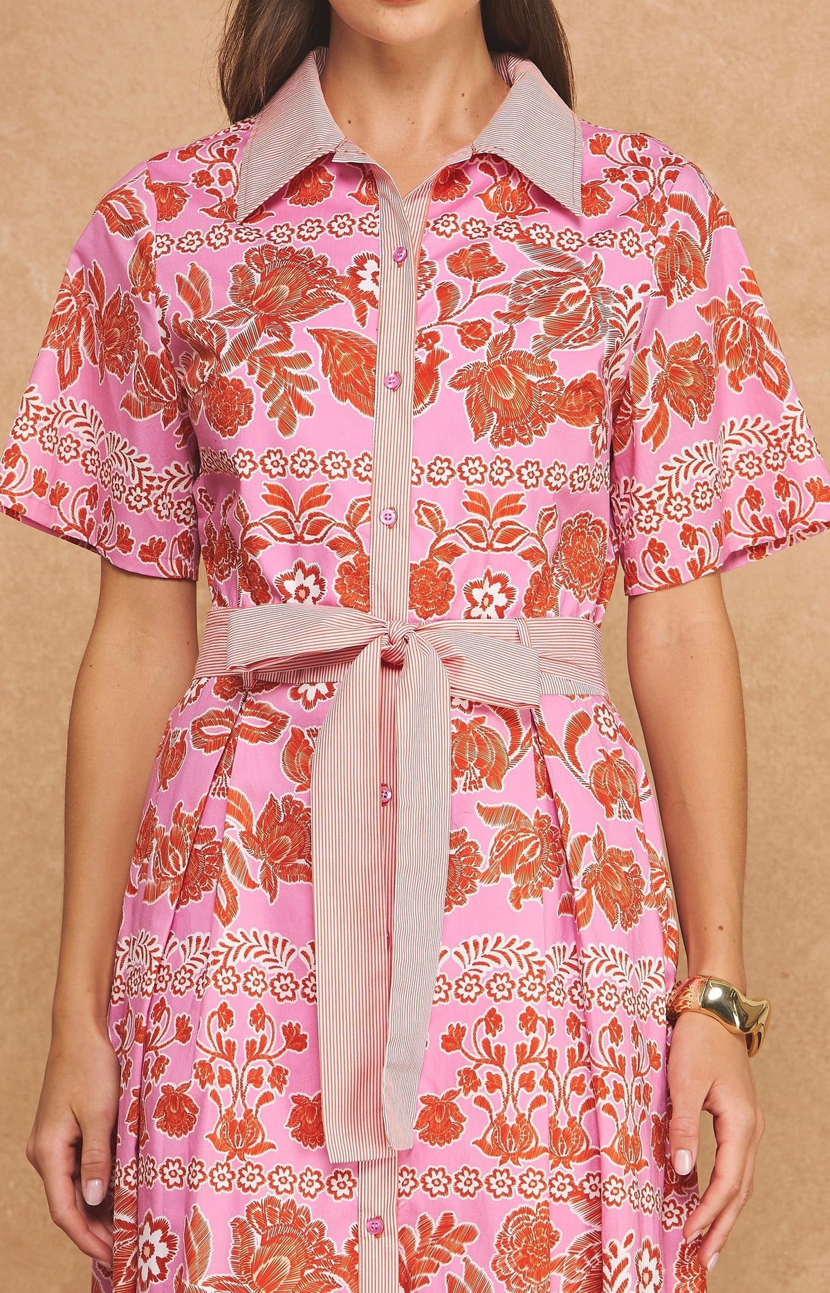 PINK/ORANGE BOTANICAL PRINT W/ STRIPE CONTRAST SHORT SLEEVE BUTTON UP SHIRT MIDI DRESS