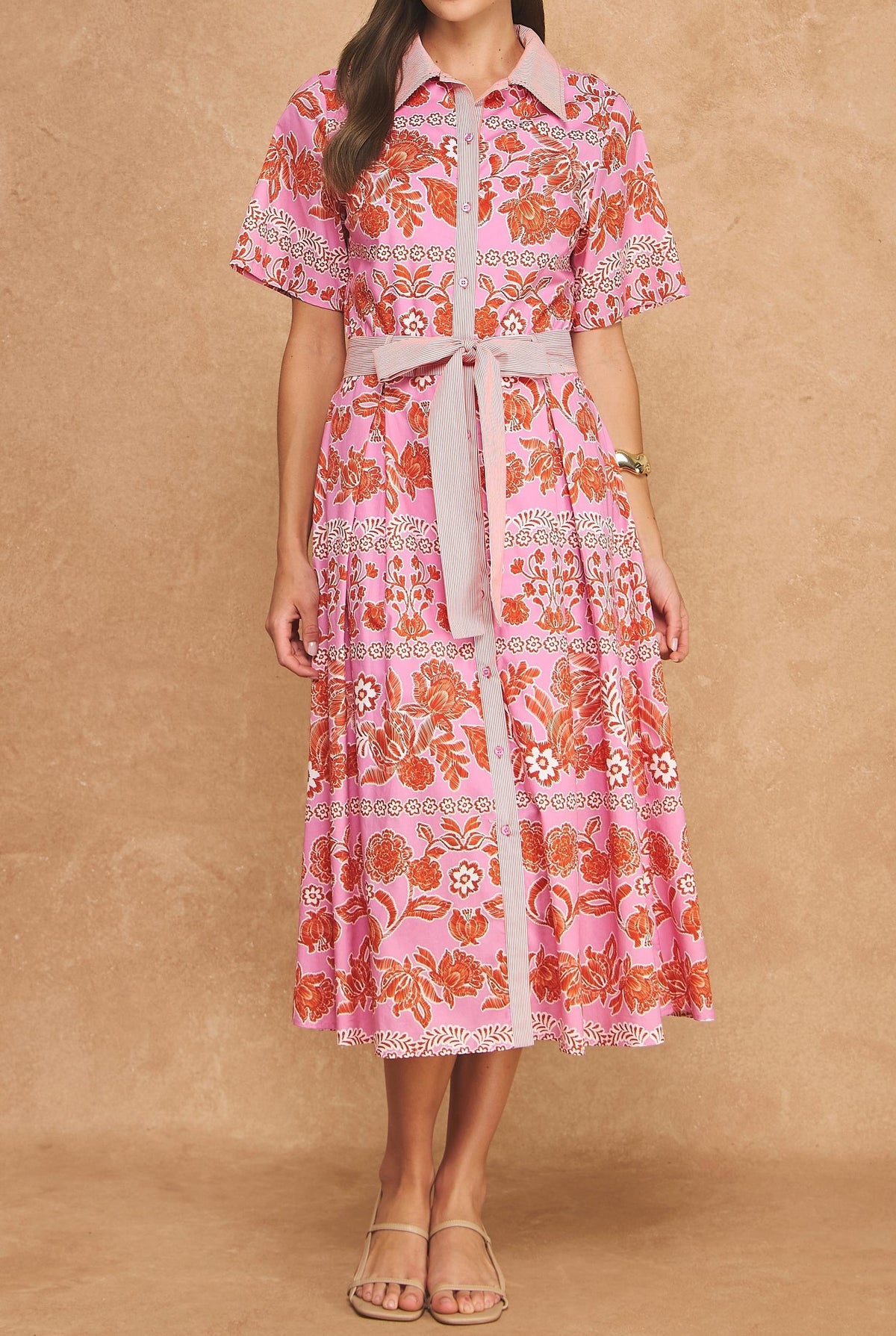 PINK/ORANGE BOTANICAL PRINT W/ STRIPE CONTRAST SHORT SLEEVE BUTTON UP SHIRT MIDI DRESS