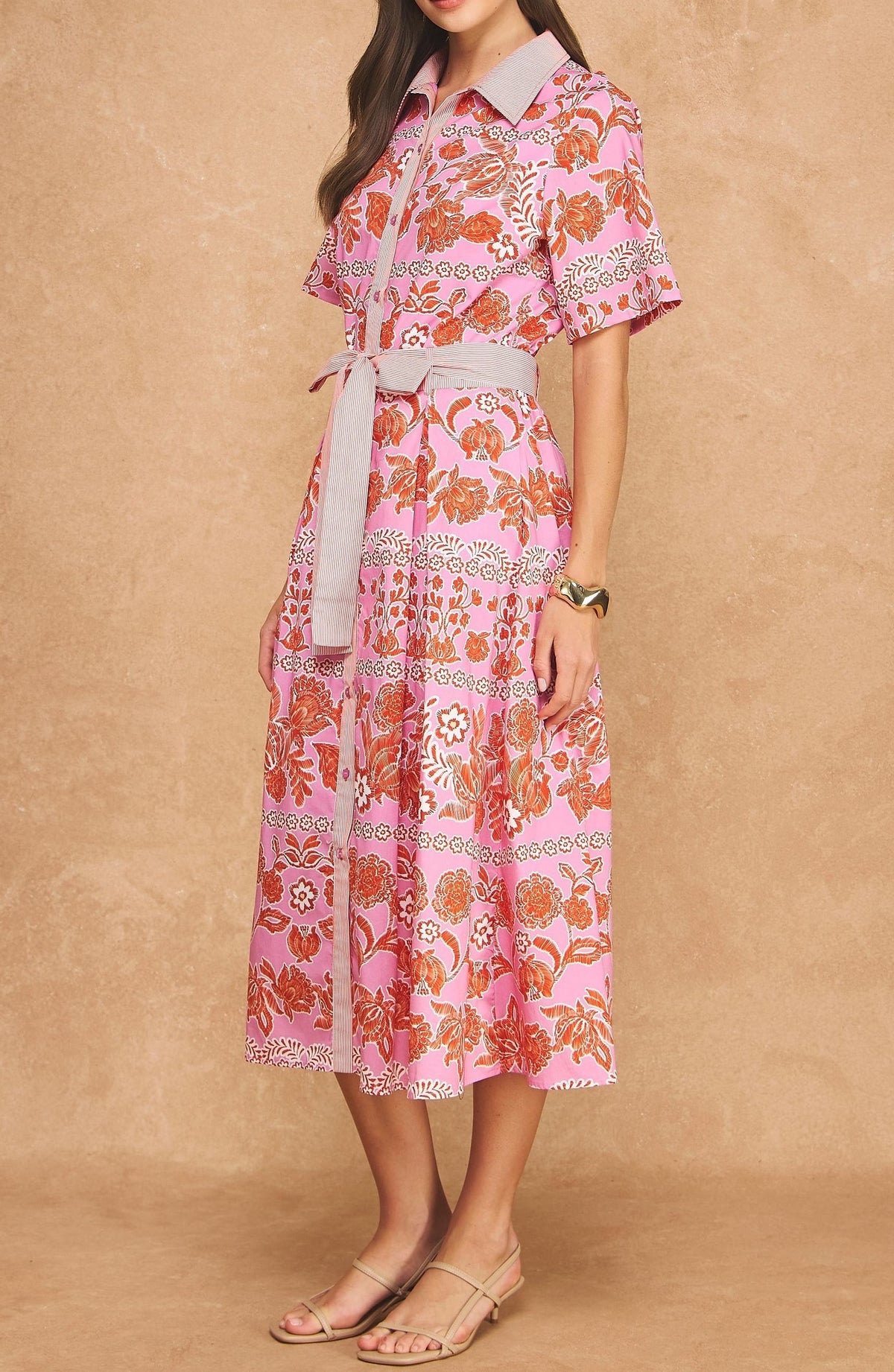 PINK/ORANGE BOTANICAL PRINT W/ STRIPE CONTRAST SHORT SLEEVE BUTTON UP SHIRT MIDI DRESS