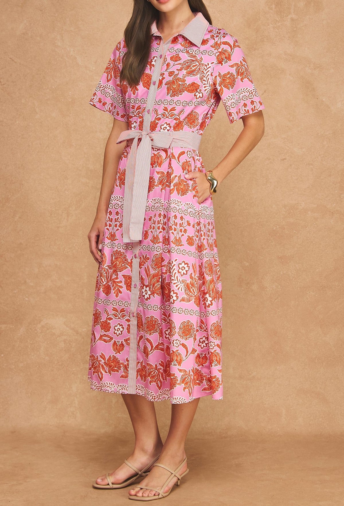 PINK/ORANGE BOTANICAL PRINT W/ STRIPE CONTRAST SHORT SLEEVE BUTTON UP SHIRT MIDI DRESS