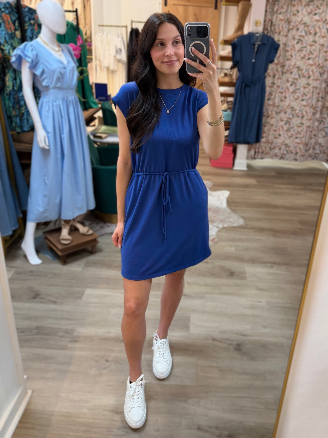 ROYAL BLUE DRAWSTRING WAIST TERRY MINI DRESS