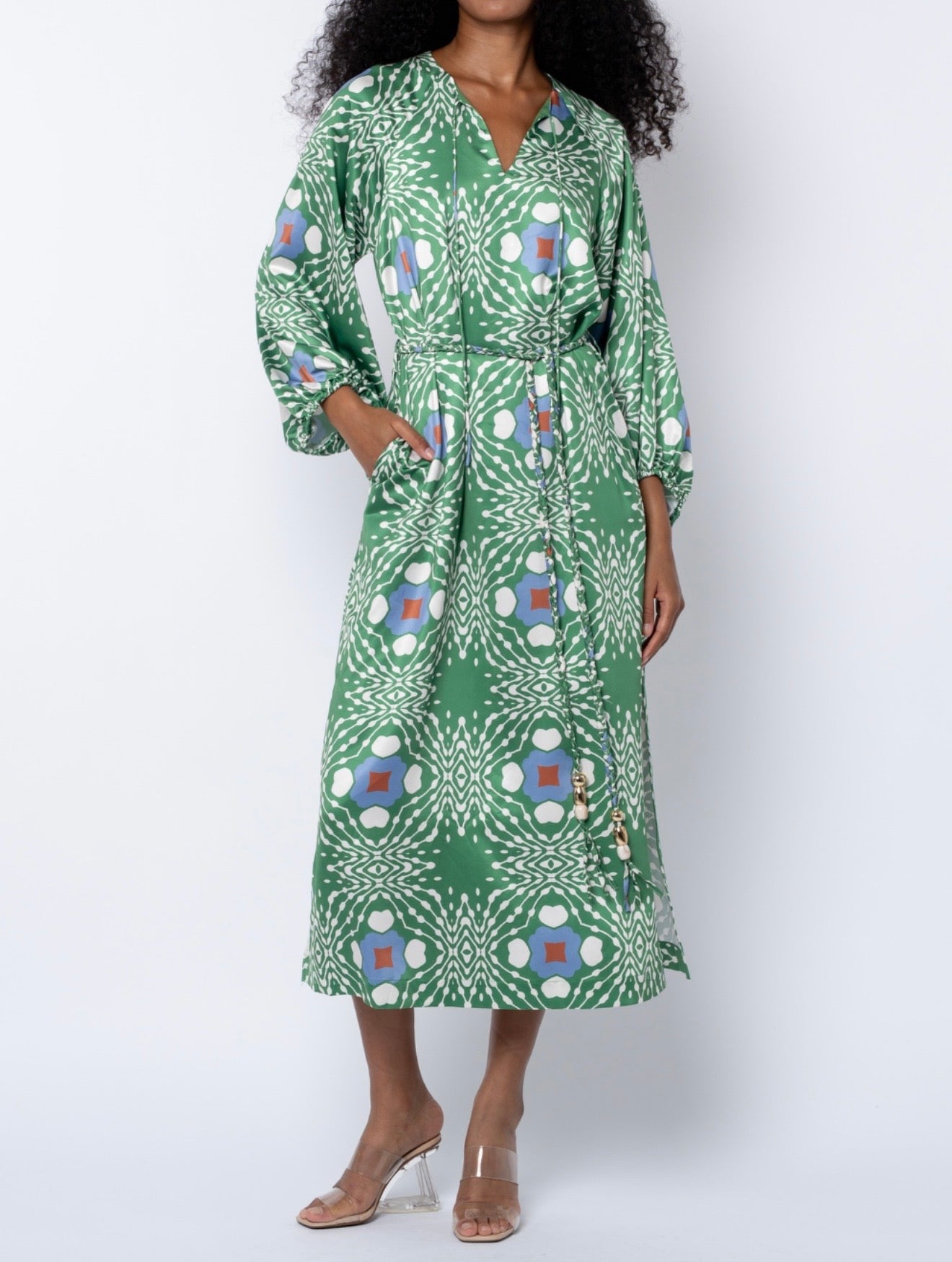 GREEN MULTI GEO PRINT JARDIN MIDI DRESS