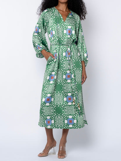GREEN MULTI GEO PRINT JARDIN MIDI DRESS