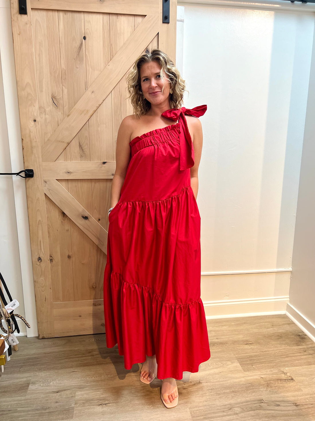 RED ONE SHOULDER RUFFLE POPLIN MAXI DRESS