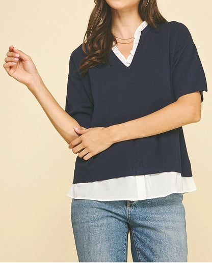 NAVY MIXED MEDIA LAYERED KNIT TOP