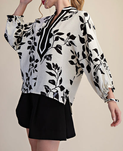 BLACK PRINTED PLACKET TRIM VNECK PEASANT TOP