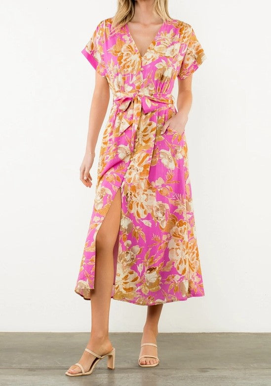 PINK FLORAL PRINT BUTTON UP SHORT SLEEVE MAXI DRESS