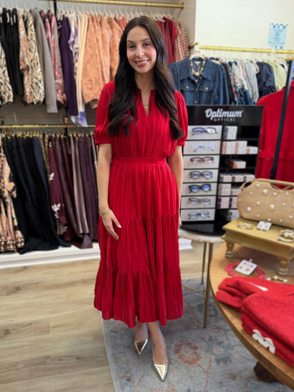 RED PLEATED SPLIT NECK SHORT PUFF SLEEVE TIERED MAXI DRESS