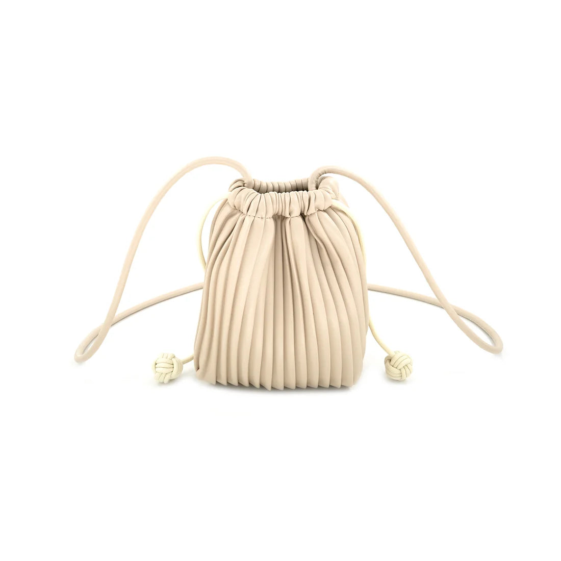BEIGE PLEATED FAUX LEATHER MINI BUCKET CROSSBODY BAG