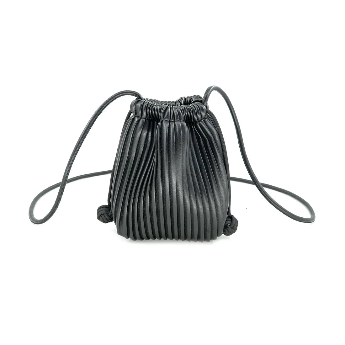 BLACK PLEATED FAUX LEATHER MINI BUCKET CROSSBODY BAG