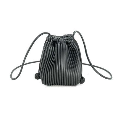 BLACK PLEATED FAUX LEATHER MINI BUCKET CROSSBODY BAG