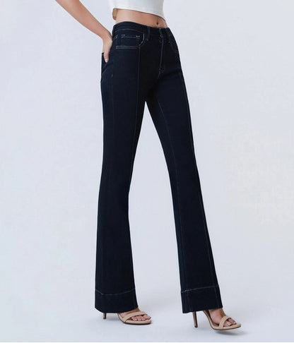 COHESION DARK WASH HIGH RISE PIN TUCK TROUSER HEM BOOTCUT JEANS