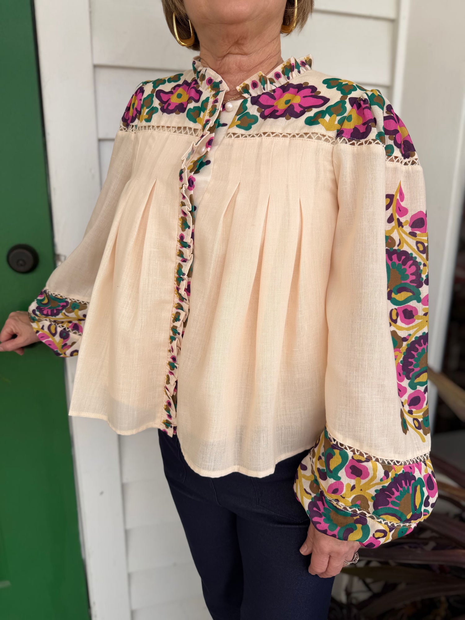 CREAM MULTI FLORAL PRINT LADDER TRIM RUFFLED PLACKET LONG SLEEVE ISME BLOUSE
