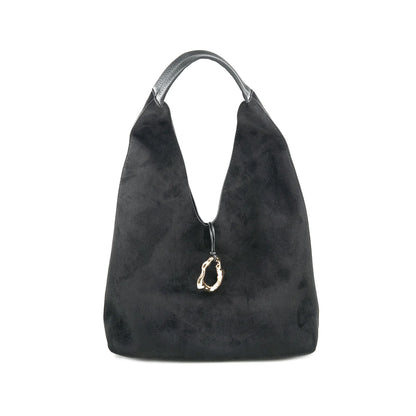 BLACK REVERSIBLE SUEDE/LEATHER HOBO SHOULDER BAG