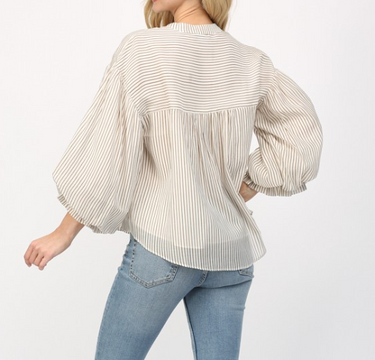TAUPE STRIPE TENCEL BLEND BUBBLE SLEEVE BLOUSE