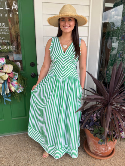 GREEN STRIPE VNECK DROP WAIST SLEEVELESS MAXI DRESS