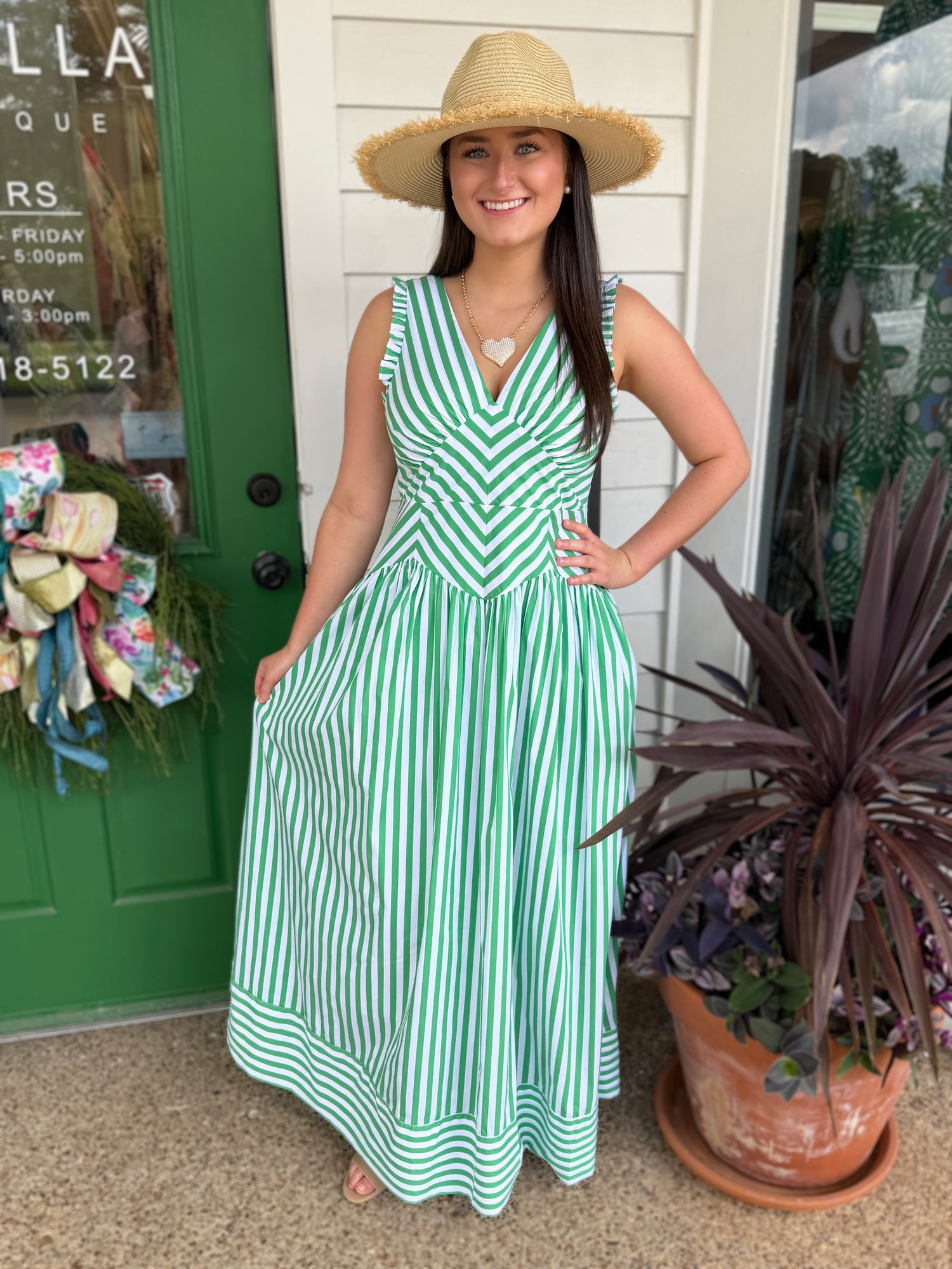 GREEN STRIPE VNECK DROP WAIST SLEEVELESS MAXI DRESS