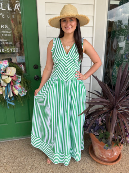 GREEN STRIPE VNECK DROP WAIST SLEEVELESS MAXI DRESS
