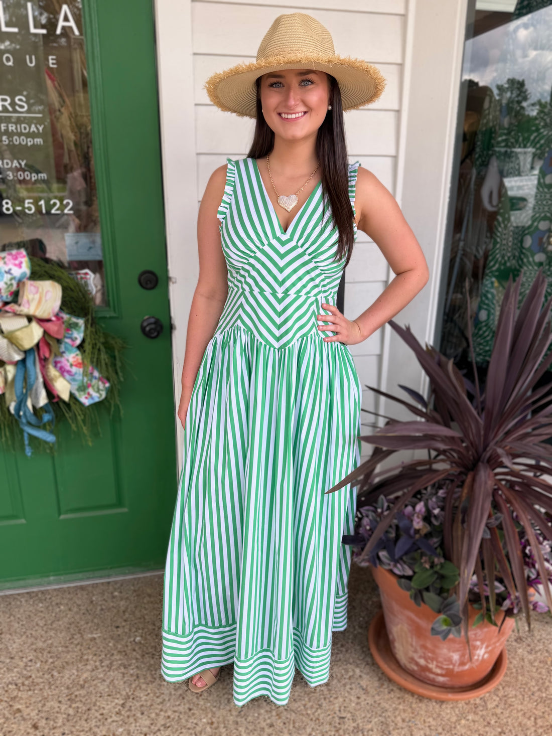 GREEN STRIPE VNECK DROP WAIST SLEEVELESS MAXI DRESS