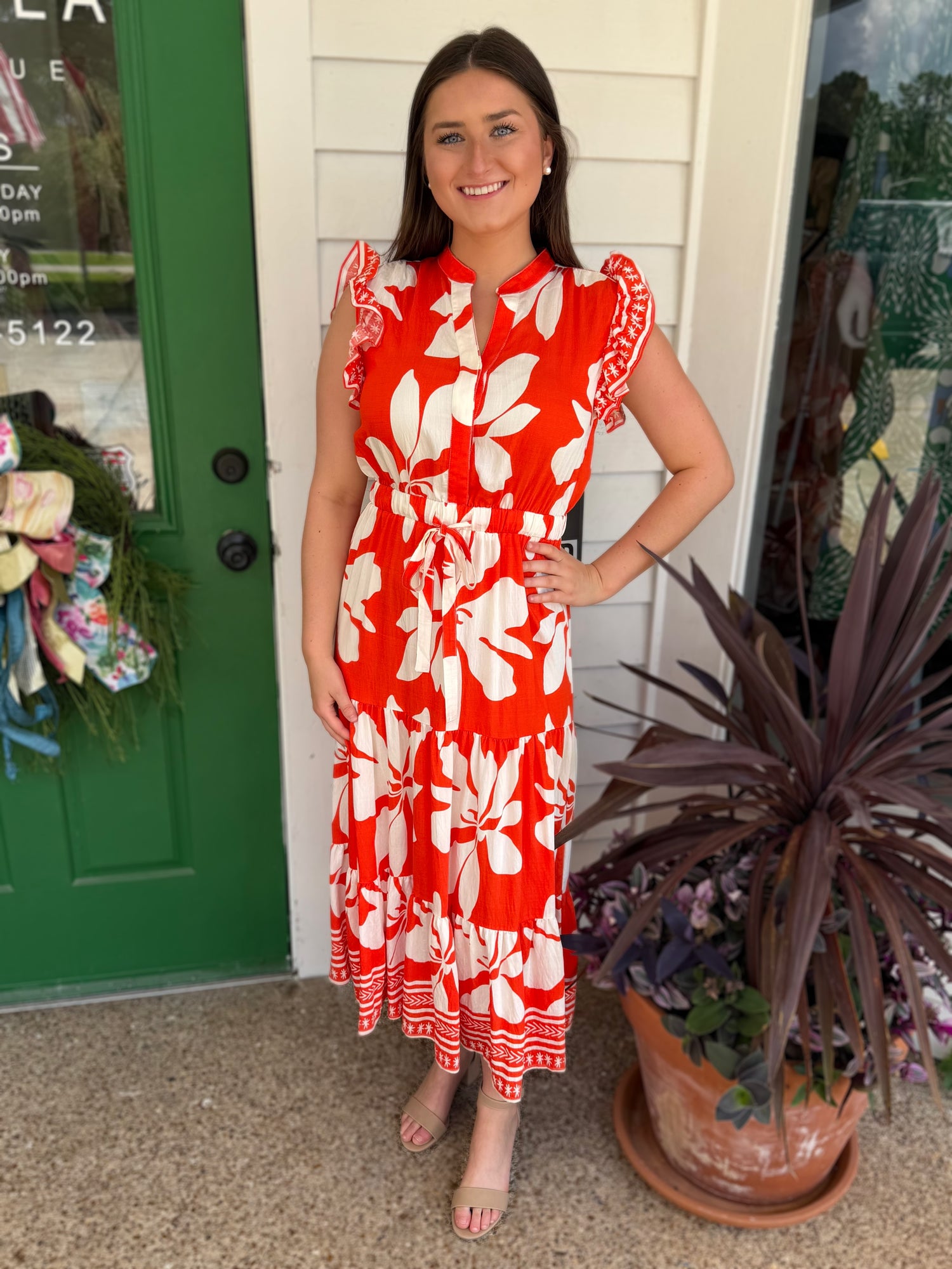 ORANGE FLORAL PRINT RUFFLE SLEEVE TIERED MIDI DRESS