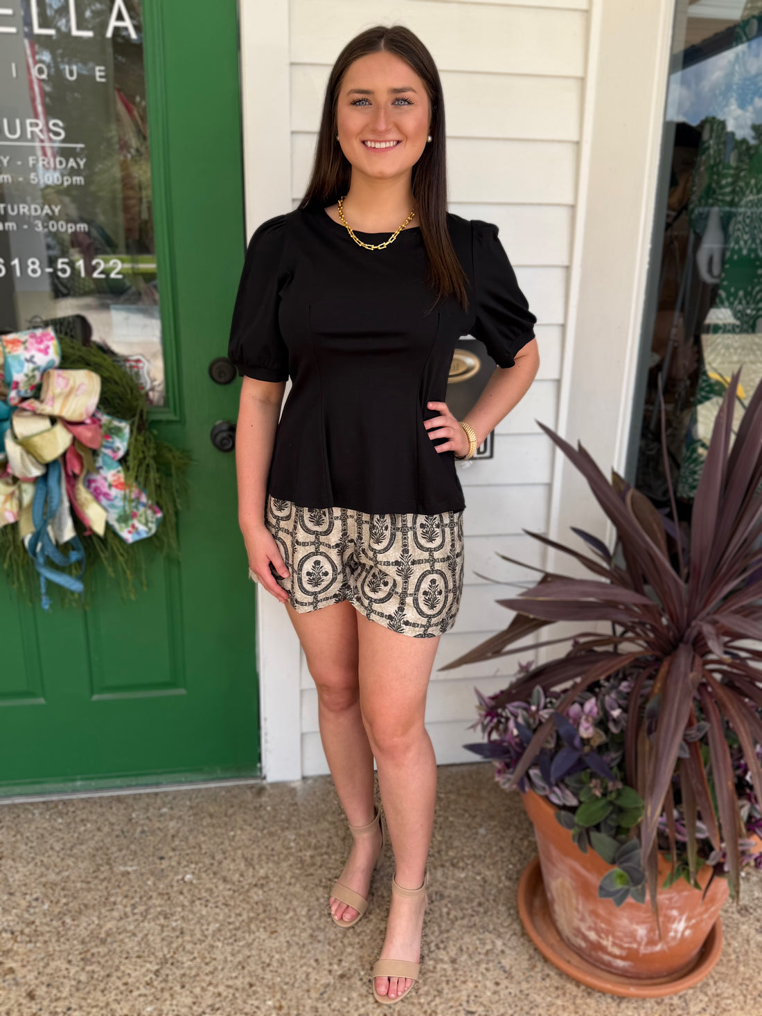 BLACK PCILL GLAZED COTTON KNIT PEPLUM TOP