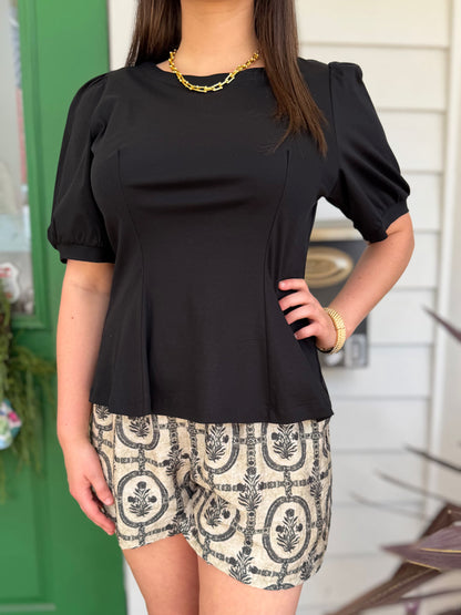 BLACK PCILL GLAZED COTTON KNIT PEPLUM TOP
