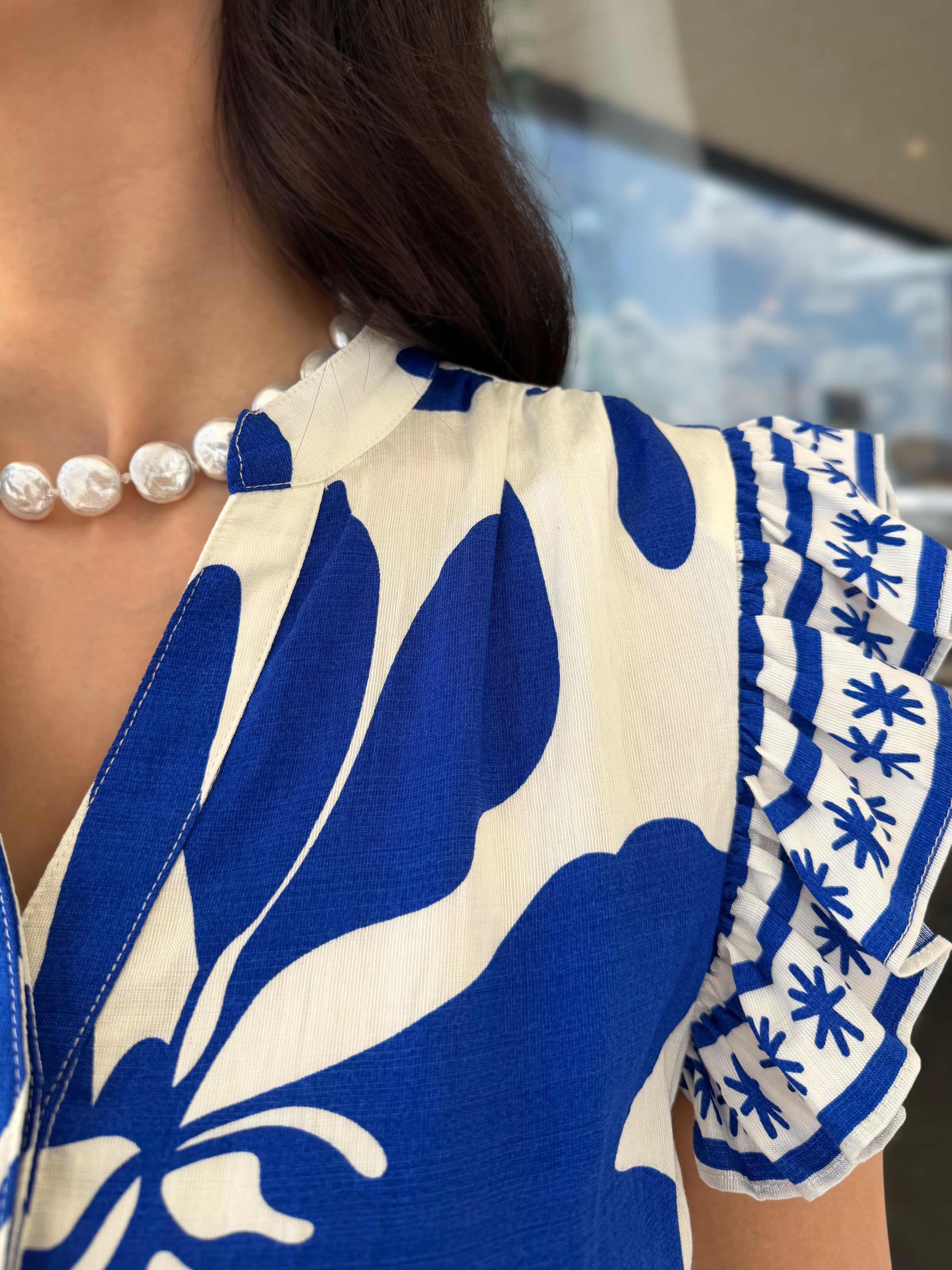 ROYAL BLUE FLORAL PRINT RUFFLE SLEEVE TIERED MINI DRESS