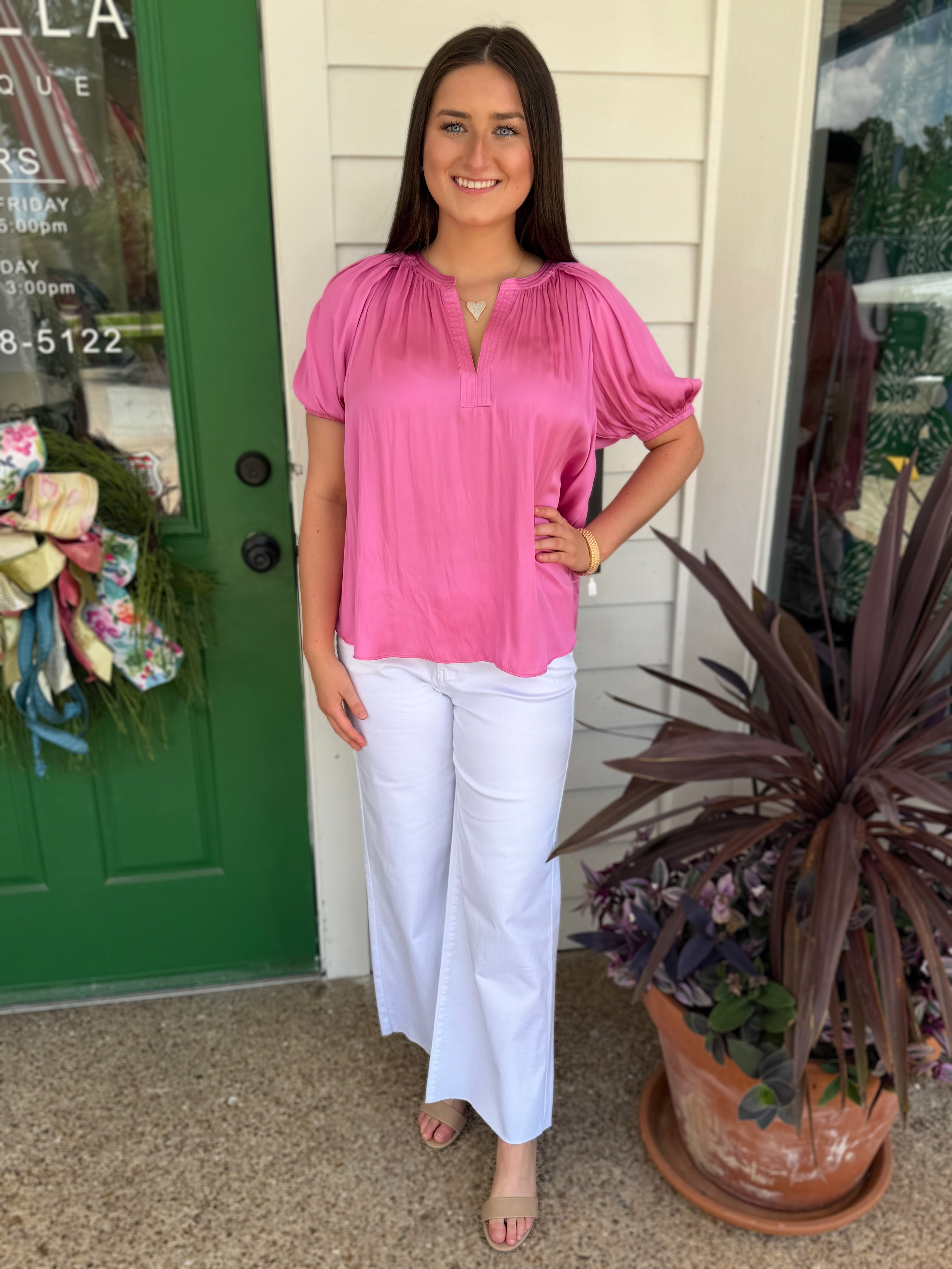 AMARANTH PINK SPLIT V-NECK HALF RAGLAN SLEEVE RELAXED TOP