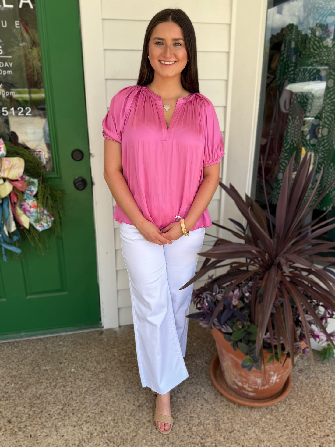 AMARANTH PINK SPLIT V-NECK HALF RAGLAN SLEEVE RELAXED TOP