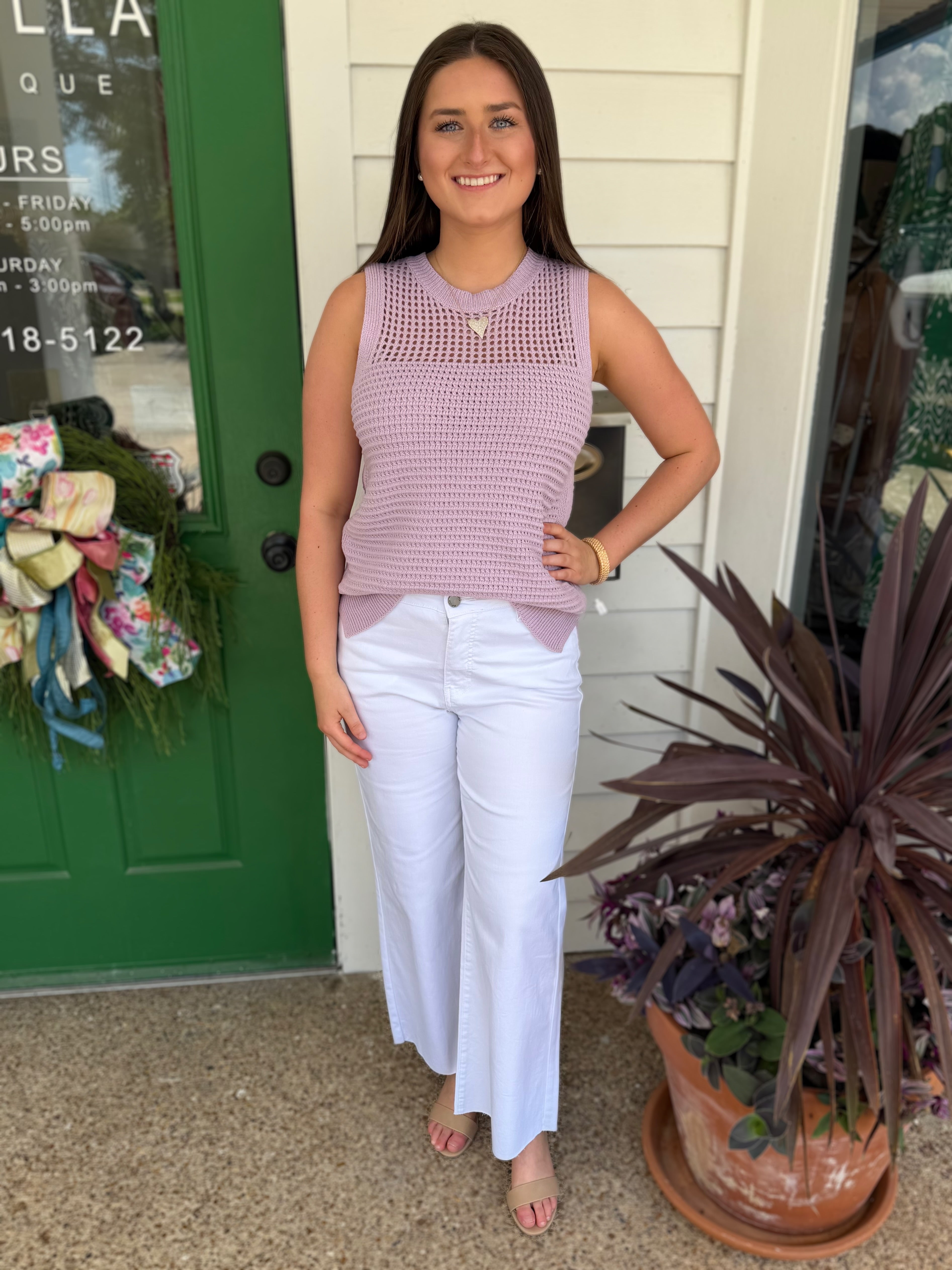 LIGHT LAVENDER FISH NET DETAIL &amp; POINTELLE SWEATER KNIT SLEEVELESS TANK TOP