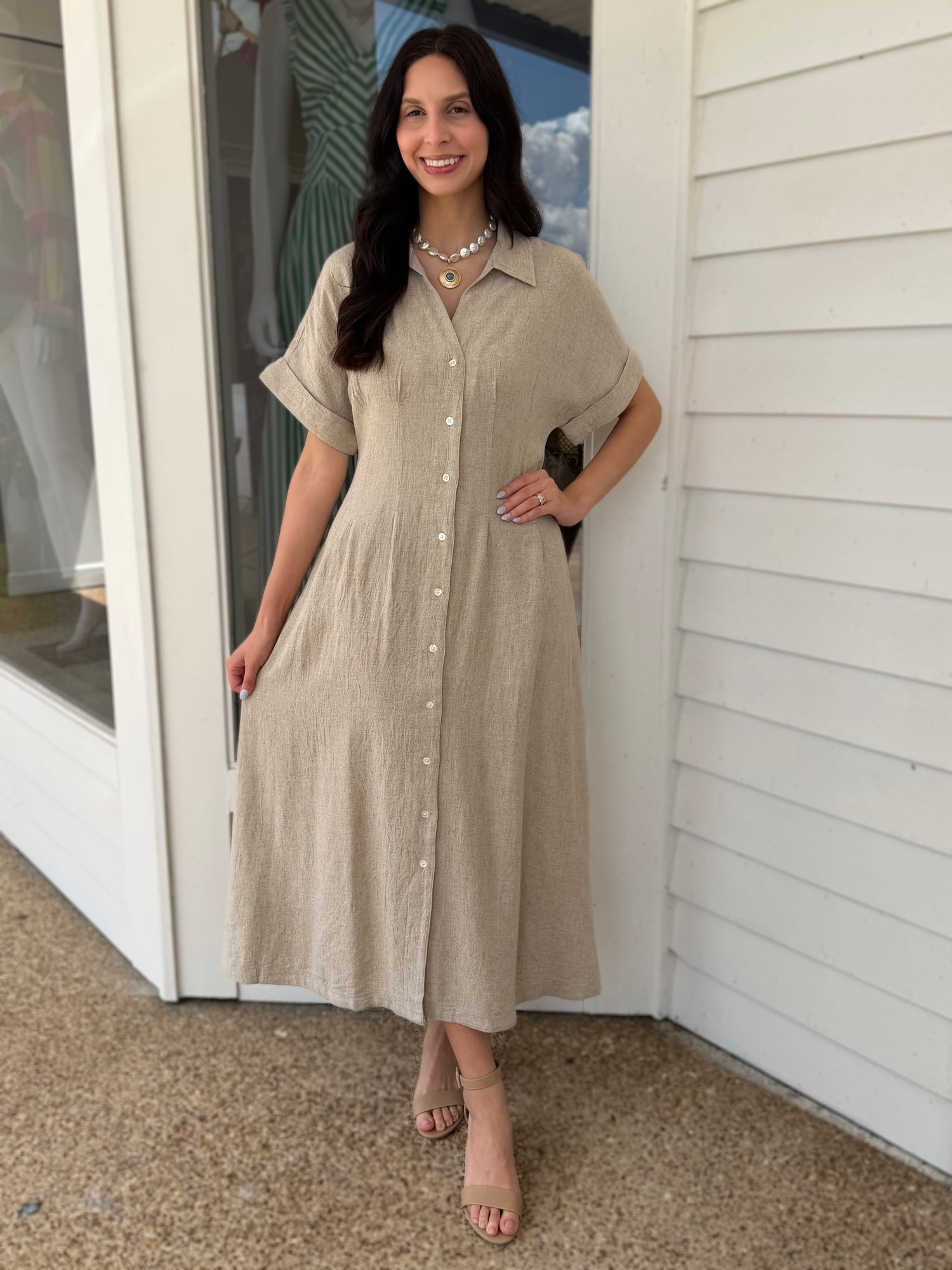 BEIGE LINEN DARTED WAIST SHORT SLEEVE BUTTON UP MIDI DRESS