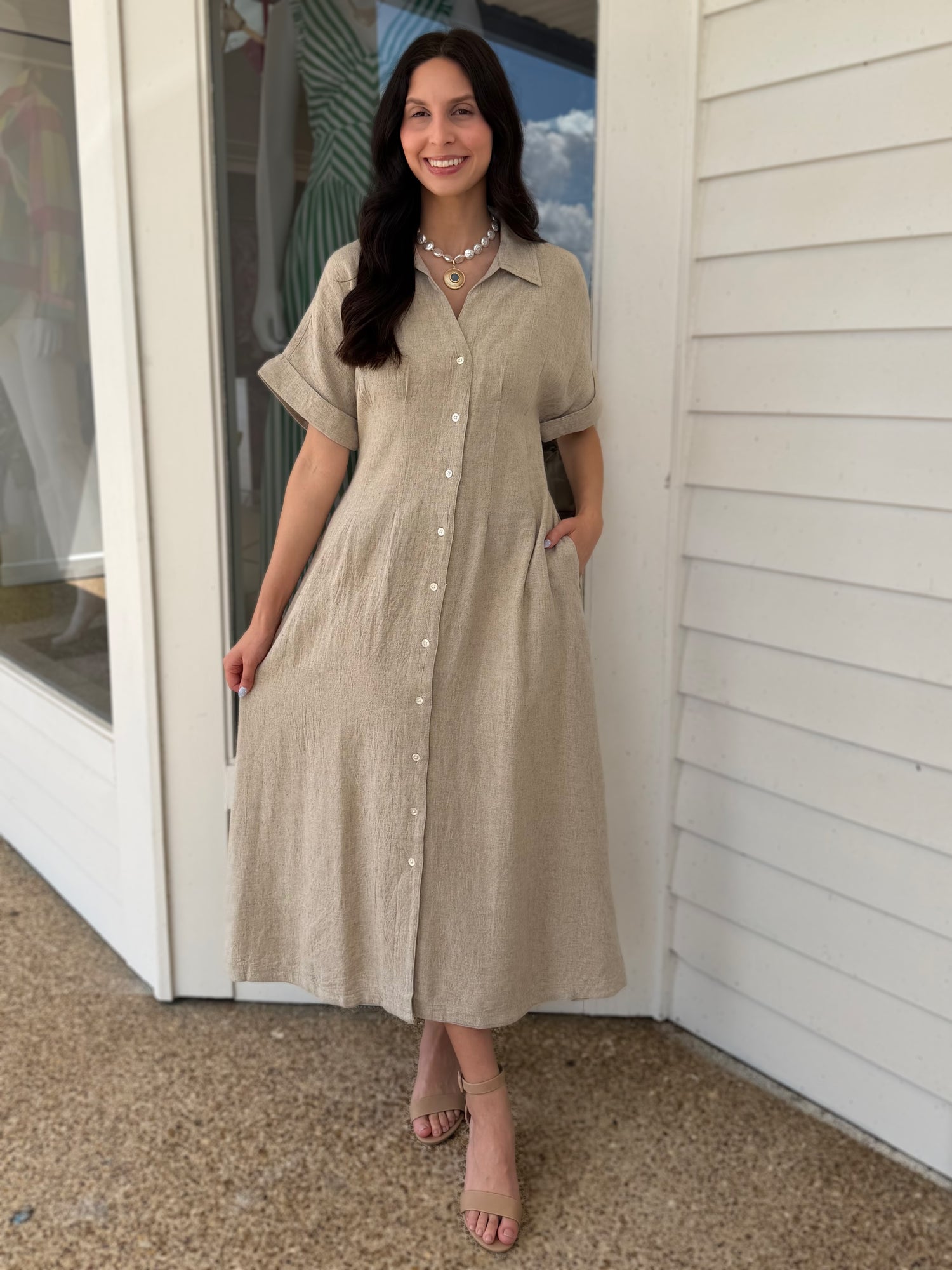 BEIGE LINEN DARTED WAIST SHORT SLEEVE BUTTON UP MIDI DRESS