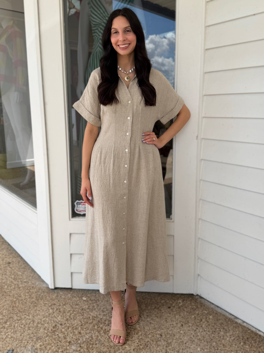 BEIGE LINEN DARTED WAIST SHORT SLEEVE BUTTON UP MIDI DRESS