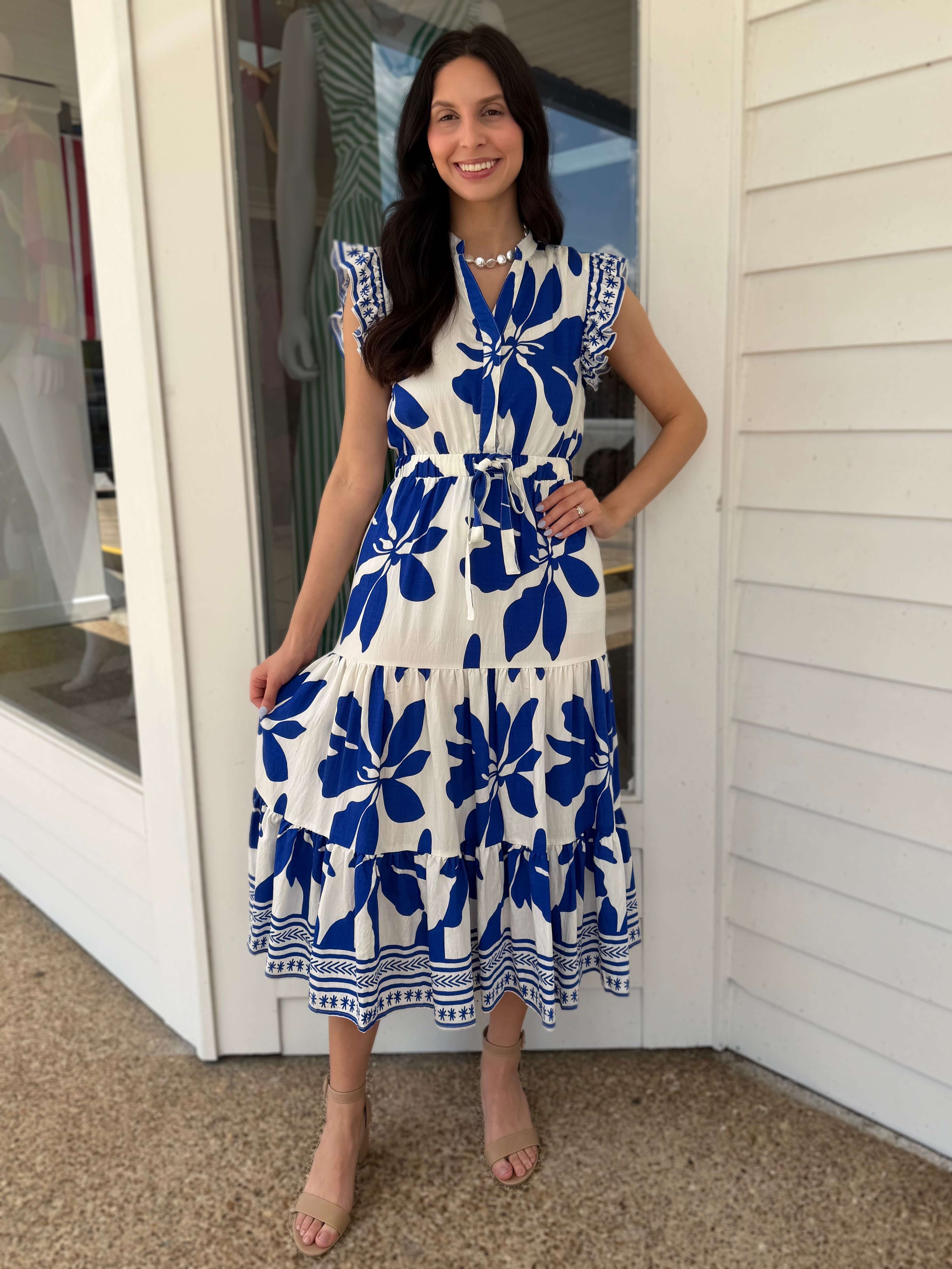 ROYAL BLUE FLORAL PRINT RUFFLE SLEEVE TIERED MINI DRESS